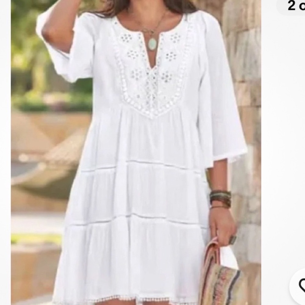 Sundance Dress Womens M White Boho Embroidered Beaded Gauze Tiered Mini